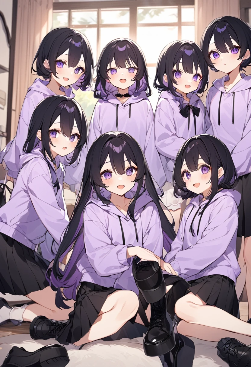 Keito。Purple hoodie。Black Skirt。Purple Eyes。Black Hair。Black shoes下。Black shoes。6 sistery eldest daughter has lavender hair.。all female。Sextuplets