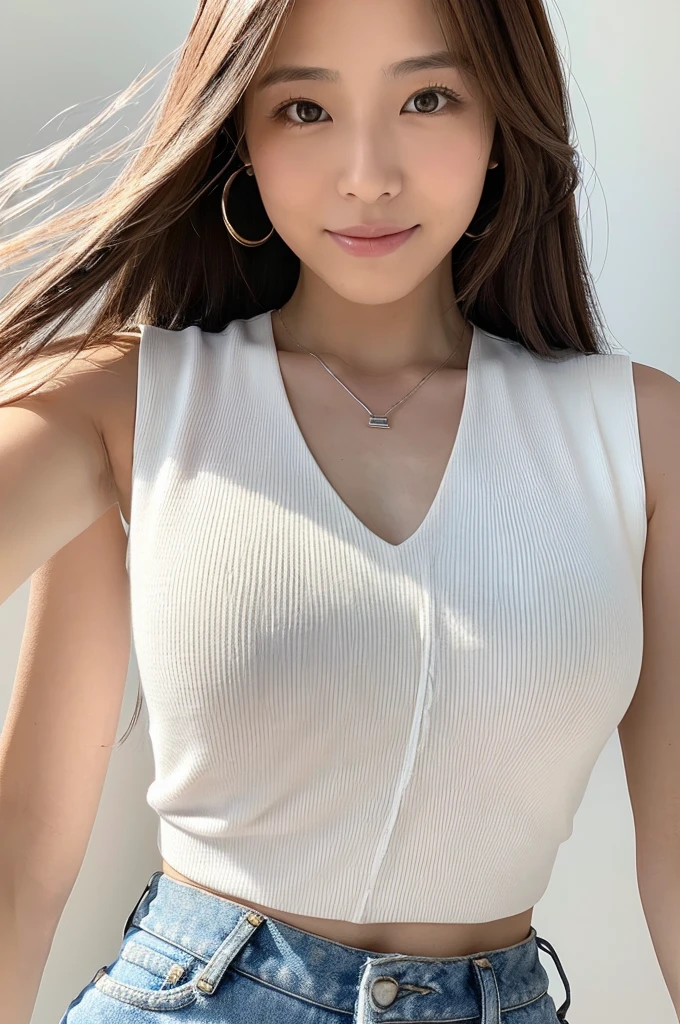 One Japanese woman, Airi Suzumura, 31 years old, Blood type A, Height: 152cm, Full bust 85cm, Waist 57cm, Hips 85cm, (Brown Hair), (Hair is straight), (Hair length is semi-long), necklace, ((White sleeveless top with a sexy chest)), (((The shoulders of the white sleeveless top are as thin as strings.))), Nipples faintly, Light blue washed jeans, Modern belt, The right hand is placed slightly back in a natural position.