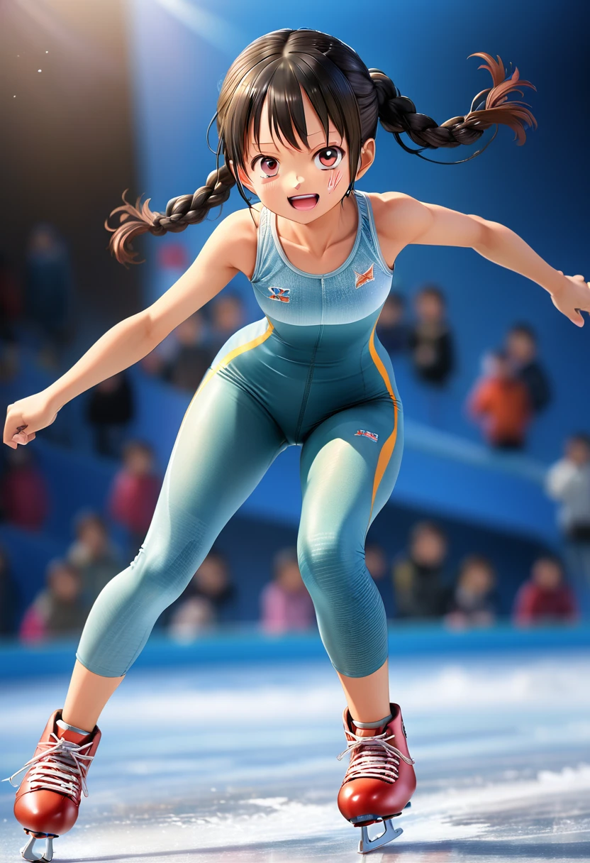 Highest quality、High resolution、Detailed Background、(Beautiful face in every detail:1.4)、Anatomically correct、(Detailed facial expressions)、(fine grain:1.2), shoot from below:1.5, age Beauty、Cute hair color、Braided Ponytail、Braided bob cut、Braided twin tails、Lower grade primary school students, Speed skater, Beautiful forward leaning form, (one piece、turtleneck、No sleeve:1.5、Full Body Tights、Old-fashioned, plain skates)、Perfect body line、 (Desperately slipping away on the ice:1.5、Sprinting:1.5)、(I have tears in my eyes:1.5、Screaming and looking like she&#39;s about to cry)、Extreme Speed、in the forest、lake、Flowing Scenery