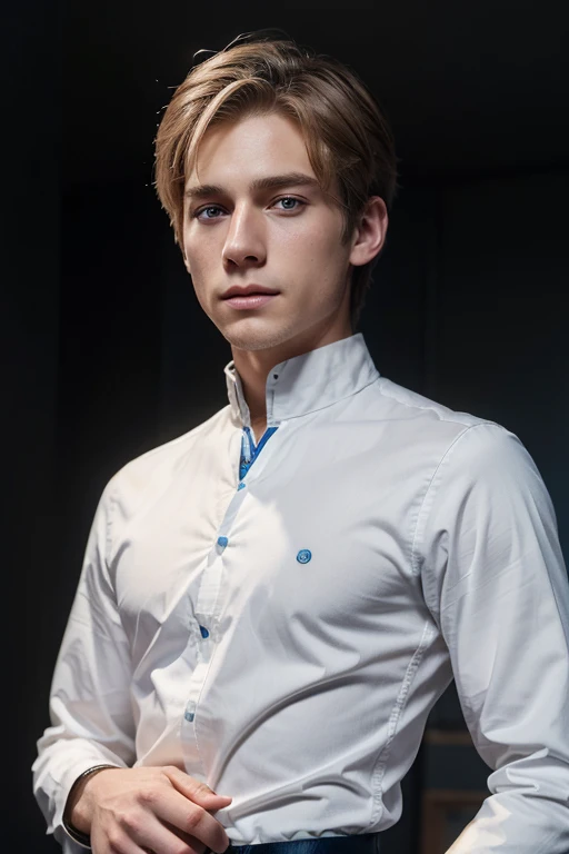 Detailed CG Unity 8K Wallpapers,masutepiece, Best Quality, Ultra-detailed, white background, a beautiful 25-year-old man with short dark-blond hair, short hair, blue eyes and pale skin, masculine posture