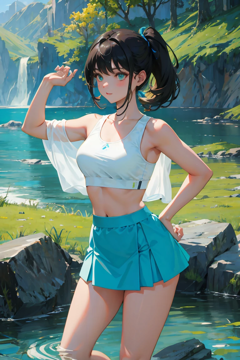 ,(masterpiece,Highest Quality),Turquoise skirt,Sportsbra,Pasture,A dark-haired,playing in the water