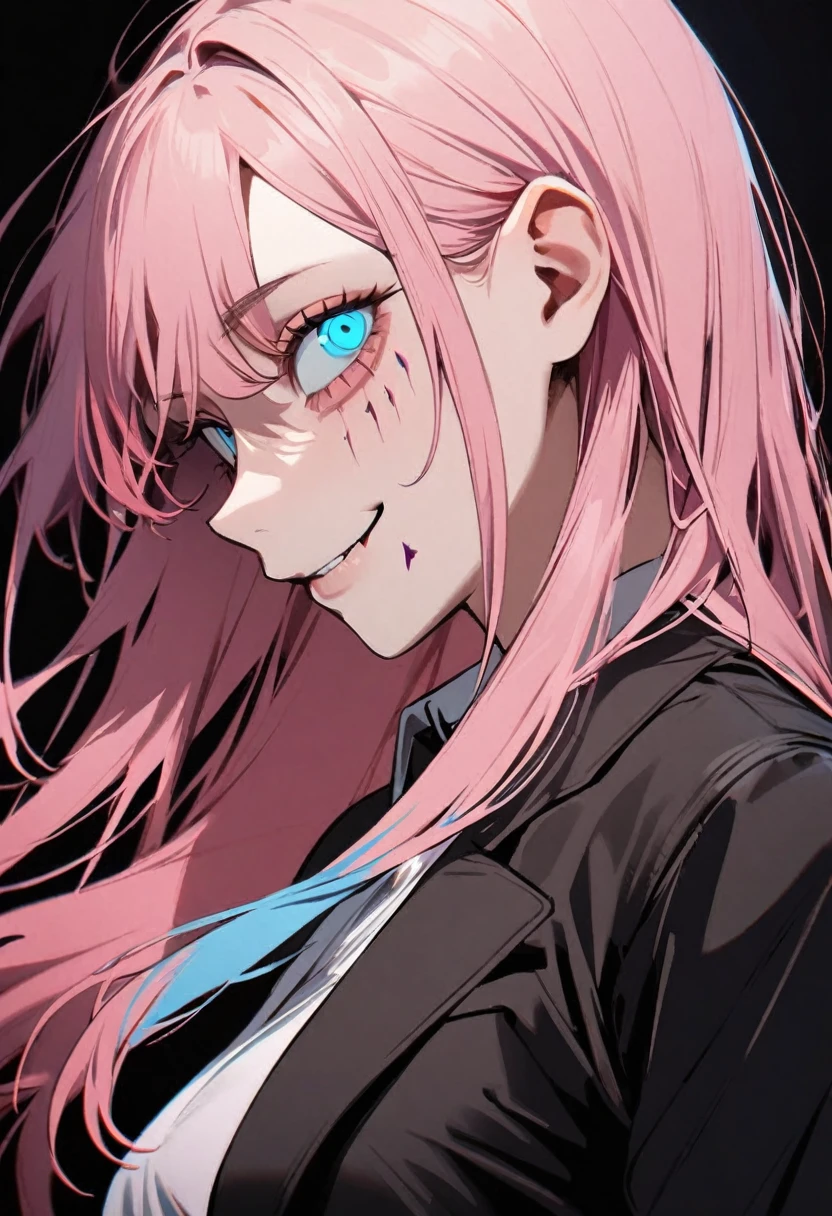 1 girl in chainsaw man style, braided and long hair, light pink hair with a blue tip, light blue eyes (detailded), Black Suit, big boobies,face tilted to the side, psychotic look, wide smile (dentes pontudos),black backdrop