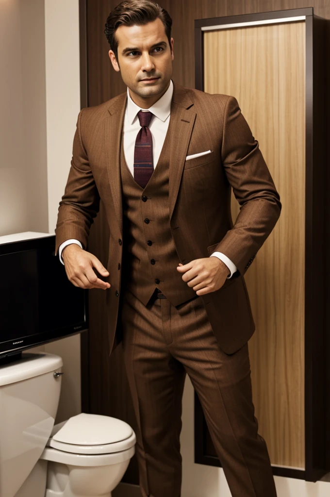 Create a skibidi toilet TV Man with a brown suit
