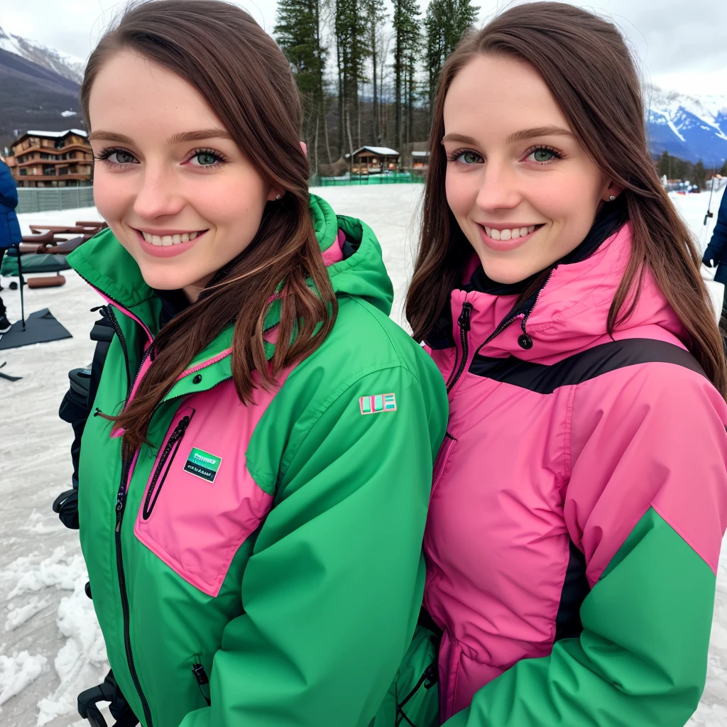 Realistic photo of only one woman (European, 25 years old, brown hair, green eyes) wearing a pink waterproof ski jumpsuit in a ski resort, smiling, posing