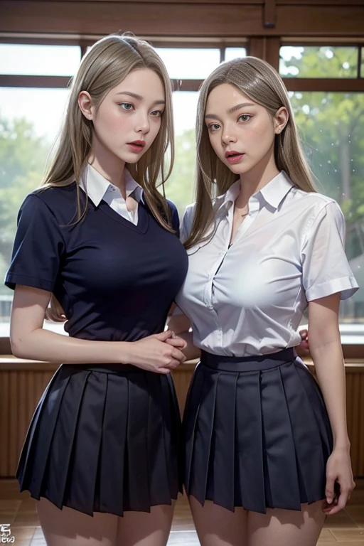 RAW photo, highly detailed, soft light, 2girls, pale skin, korean, , innocent, sexy, black long hair, blonde medium hair, bright blue eyes, freckles, head tilted, smiling, teeth out, school uniform, wide thighs, wide thigh gap, crotch visible, sitting and hugging knees, 8k, masterpiece, tiny cleavage, flat chest, exposed breasts