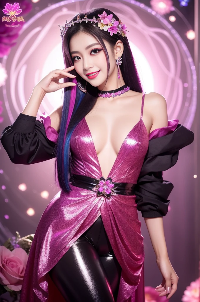 sexy Thai model who controls poison、beautiful smile、lip-gloss、bold lipstick、long lashes, intense makeup、look at the camera、full body Esbian、、sparkling poisoned flower costume、、、、sparkling Colorful hair、secrete poison、skull hair accessories、sexy tights、shiny sparkling flowers background