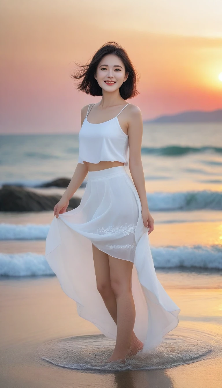 sunset red sun on the beach,A strong afterglow is reflected in the sea., Beautiful 36 year old short Korean woman, Chest size 34 inches, Wear sleeveless, light skirt. beautiful pretty woman look , wearing a light skirt , Go far into the sea water and dip your toes., Short medium hair blowing in the wind, 1 woman, beautiful eyes, a little smile, Full body photo from a distance with a wide angle lens, The background is clear and perfect