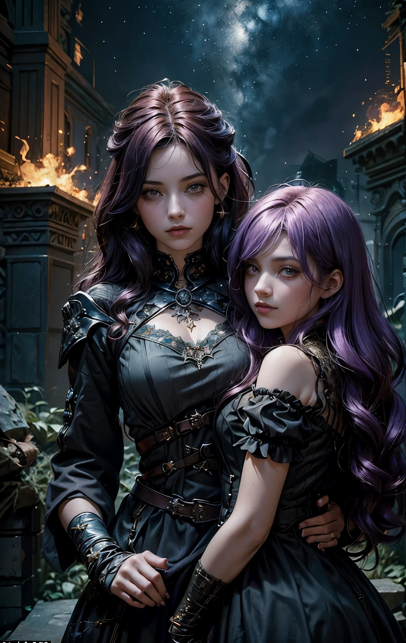 2 mulheres com a magia dourada, The background of the image is dark and starry and full of patches of light with sparks of fire, 2 mulheres de tons de cabelo diferente assim como os olhos, 1 melher tem cabelos verdes, the other melher has hair and lilac