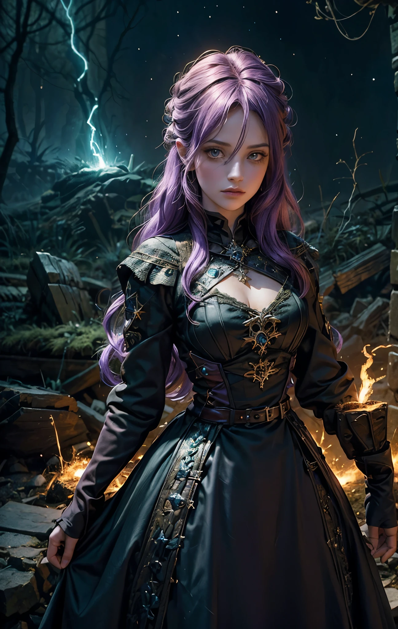 2 mulheres com a magia dourada, The background of the image is dark and starry and full of patches of light with sparks of fire, 2 mulheres de tons de cabelo diferente assim como os olhos, 1 melher tem cabelos verdes, the other melher has hair and lilac