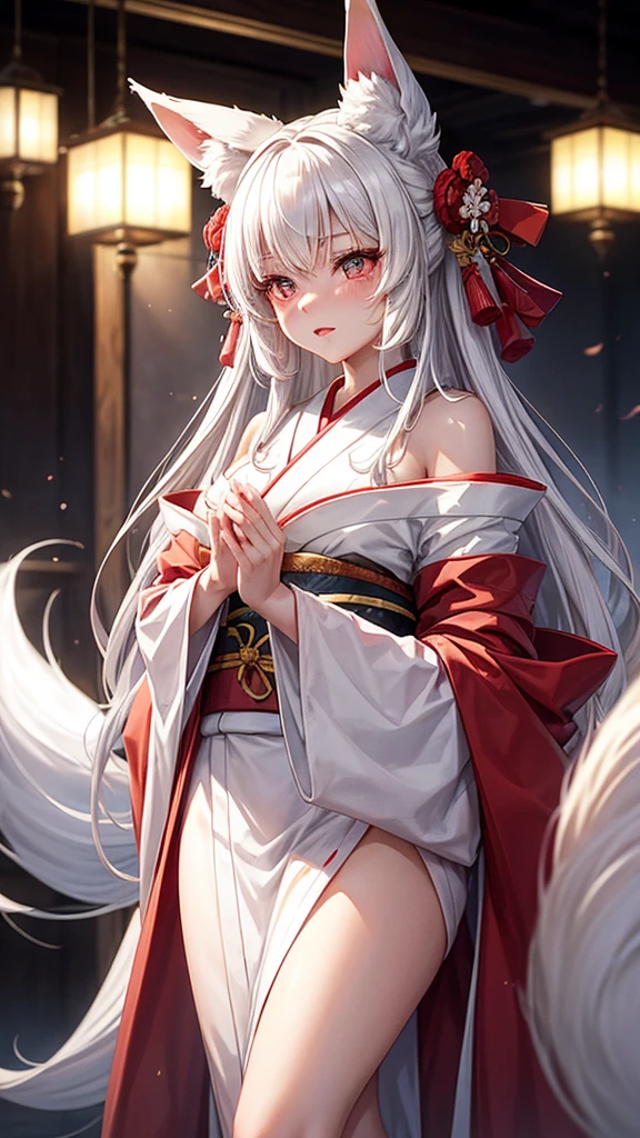"A young woman, 20 years old, wearing a fantastical Japanese kimono with a predominantly white color. She has fox ears on her head, no human ears, and long white hair. Her eyes are a striking red, and she has a subtle red blush on her cheeks. From the hem of her kimono, a long fox tail gracefully extends. The scene is set in a misty, magical background with a cinematic feel, high-definition, as if enveloped in a dreamlike fog."