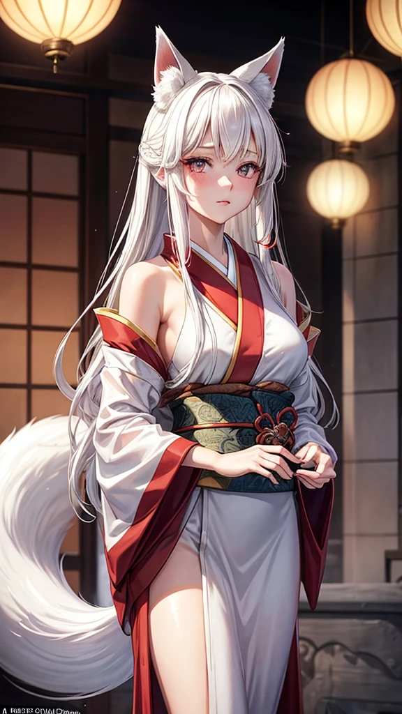 "A young woman, 20 years old, wearing a fantastical Japanese kimono with a predominantly white color. She has fox ears on her head, no human ears, and long white hair. Her eyes are a striking red, and she has a subtle red blush on her cheeks. From the hem of her kimono, a long fox tail gracefully extends. The scene is set in a misty, magical background with a cinematic feel, high-definition, as if enveloped in a dreamlike fog."