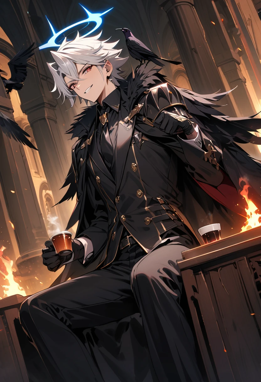 (best quality, masterpiece, ultra highres, ultra-detailed:1.2) ,Mastema the male angel,handsome face,with demonic legions,black wings like a crow,white hair, blue angel-halo,demonic,tuxedo shaped armor,sit and drinking cup of tea,nihil smile,devil's temple,(crow:1.2),fantastic atmosphere,magnificent,dynamic angle,