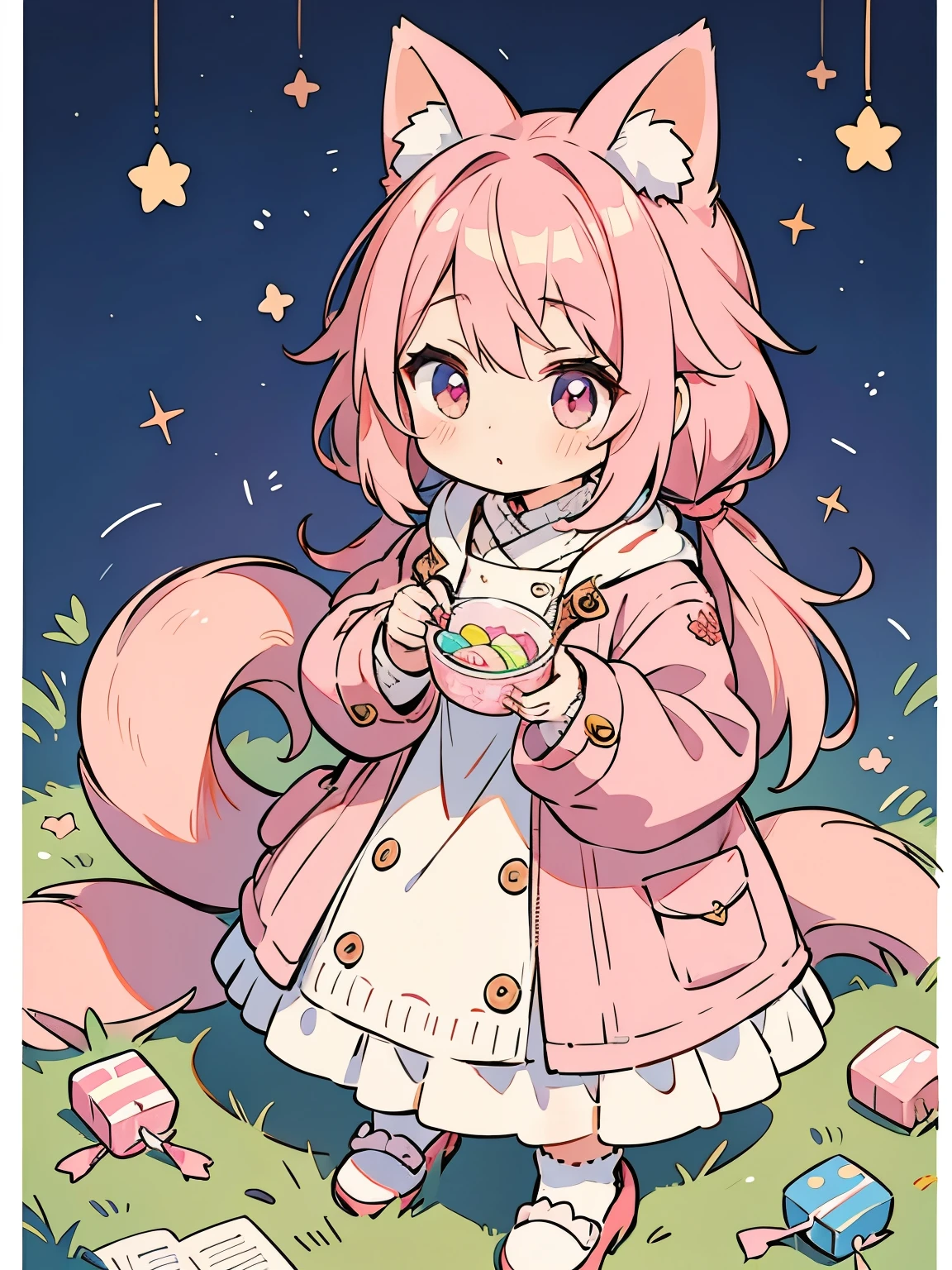 （masterpiece，detailed），Lovely，Anime Girl， girl，Pink Hair，Double tail，Knitted coat，candy，like story