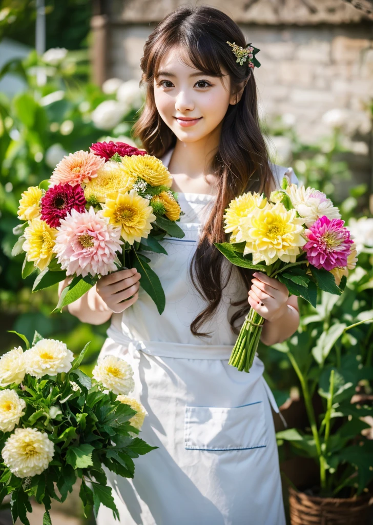 (Realistic, photo-Realistic:1.37),(8K, RAW Photos, Highest quality, masterpiece:1.2), cute, Ultra-detailed, 超High resolution, Kodak Vision Color, Filmed with an Arricam LT camera,Highest quality, Lively, 8K, High resolution, 1 girl, Escape, (Professional Lighting), (Portraiture:0.6), Black Hair, (Medium Hair),22 years old、loristさん、Wear an apron、Make a bouquetlorist、Surrounded by lots of flowers、Dahlia、Gorgeous bouquet、
