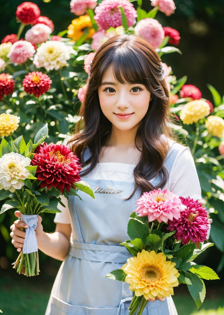 （Realistic, photo-Realistic:1.37),(8K, RAW Photos, Highest quality, masterpiece:1.2), cute, Ultra-detailed, 超High resolution, Kodak Vision Color, Filmed with an Arricam LT camera,Highest quality, Lively, 8K, High resolution, 1 girl, Escape, (Professional Lighting), (Portraiture:0.6), Black Hair, (Medium Hair）,22 years old、loristさん、Wear an apron、Make a bouquetlorist、Surrounded by lots of flowers、Dahlia、Gorgeous bouquet、