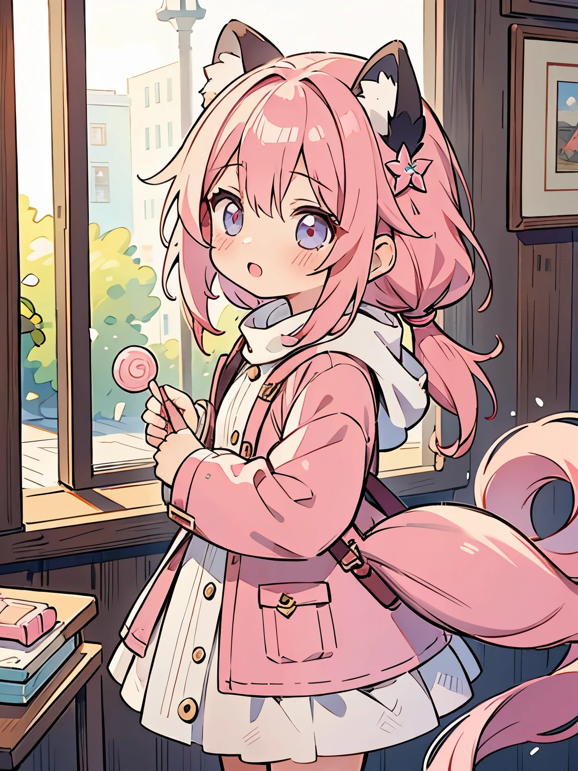 (masterpiece,detailed),Lovely,Anime Girl,little girl,Pink Hair,Double tail,Knitted coat,candy,like story