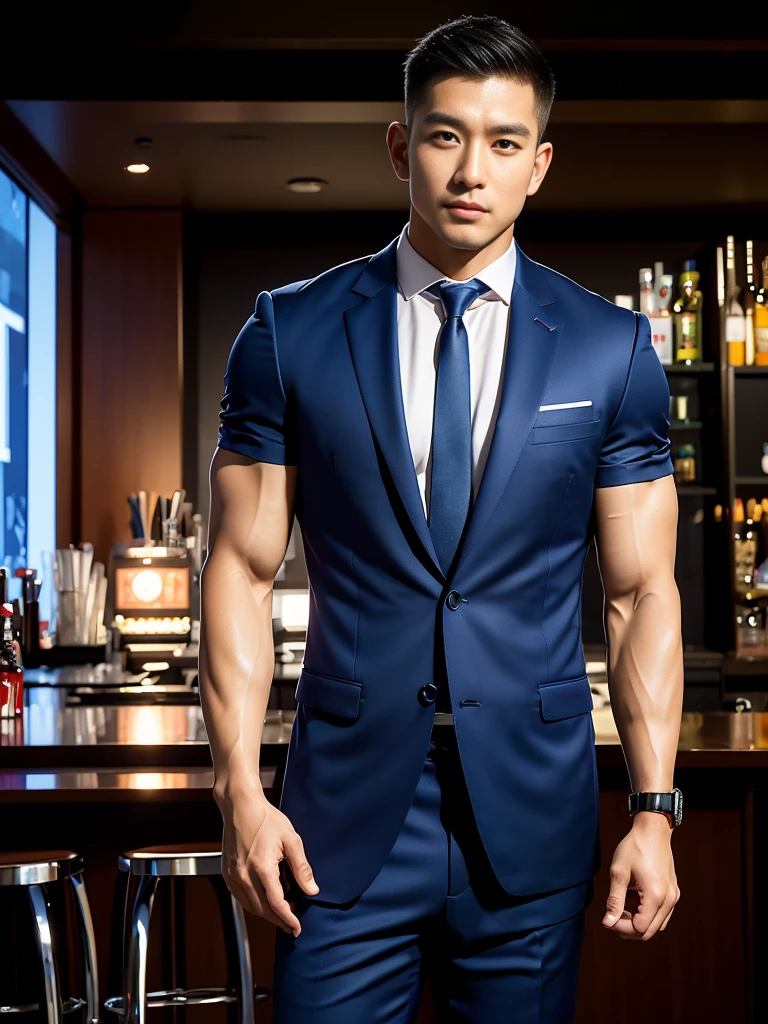 (Create a masterpiece: 1.2),(CGI art:1.3),(realistic:1.5),(After processing:1.3), (Sharp focus:1.3), 1 man, (Suit Necktie), Navy cargo pants, Korean guy , korean men, (High gloss details), chest muscles, large arm muscles, blood vessel, Big muscles, Broad shoulders, looking at the audience, Balancing the eyes, Nightclub, bar, cafe