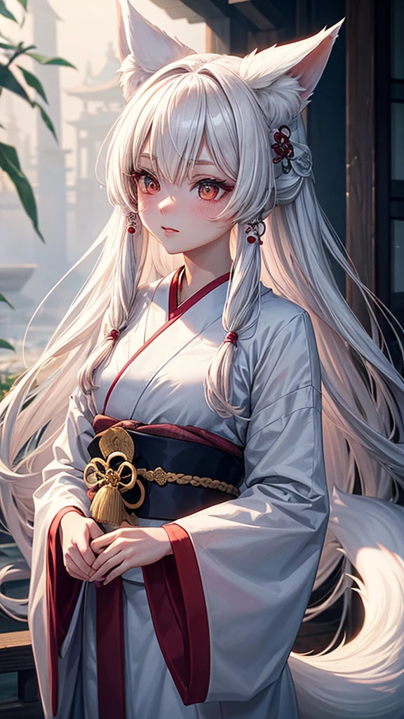 "A young woman, 20 years old, wearing a fantastical Japanese kimono with a predominantly white color. She has fox ears on her head, no human ears, and long white hair. Her eyes are a striking red, and she has a subtle red blush on her cheeks. From the hem of her kimono, a long fox tail gracefully extends. The scene is set in a misty, magical background with a cinematic feel, high-definition, as if enveloped in a dreamlike fog."