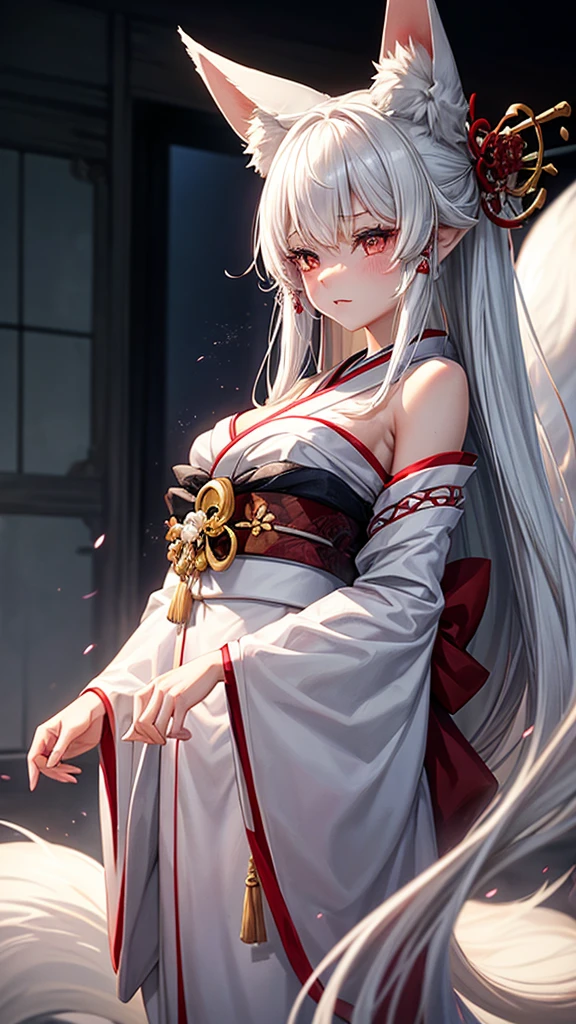 "A young woman, 20 years old, wearing a fantastical Japanese kimono with a predominantly white color. She has fox ears on her head, no human ears, and long white hair. Her eyes are a striking red, and she has a subtle red blush on her cheeks. From the hem of her kimono, a long fox tail gracefully extends. The scene is set in a misty, magical background with a cinematic feel, high-definition, as if enveloped in a dreamlike fog."