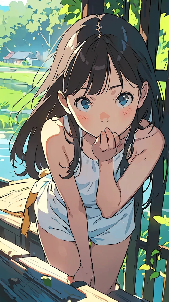 Affordable design, Clear lines, High Sharpness, (Highest quality,8K,Perfect sharpness,Ultra-fine,High resolution,masterpiece:1.2), Perfect Anatomy:1.5, Official Art, Illustrations that tell a story, (Whitish background:0. 9)、Body Positivity、Diverse physical expressions、(Random and strange poses))、Perfect beauty、Perfect beautiful face、(非常にStrong winds)、Rich expressiveness、Dynamic configuration、Golden ratio composition、colorful、((color々Different angles and perspectives))、Anime Drawings、((Overcoming stereotypes))、 Glowing Skin、(natureの美)、bangs、Medium Hair、(緑colorの髪の毛:1.5)、(Soft and flowing hair)、(countryside)、((Nostalgic atmosphere))、((Playful and easygoing))、(diverse characters)、((Graceful posture))、(Sunny atmosphere)、(vivid color)、Shorts、Brown Hair、A light smile、 ((Emotional))、bangs、natureな反応、Summer clothing、(Braided hair)、Show off your thighs、Strong winds、hilarious pose、(countryside道)、Outdoor、nature、(Angle from below)、{{Small boat tide}}, {Daylight Saving Time Rendering}, 輝く空colorの瞳, Long blonde hair, Medium Chest, Blue one piece swimsuit, Expose your shoulders, barefoot, School Swimsuit, Inside the shell, (上面shape:1.2),(A face waiting for a kiss:1.3), (blush:1.5), One Girl, alone,so beautiful, Highest quality, Great quality, curated, shape, Very detailed, Anime Coloring,close up face BREAK Very detailed, Official Art