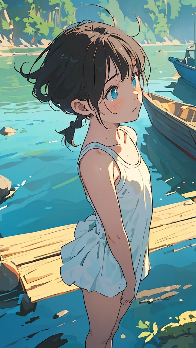 Affordable design, Clear lines, High Sharpness, (Highest quality,8K,Perfect sharpness,Ultra-fine,High resolution,masterpiece:1.2), Perfect Anatomy:1.5, Official Art, Illustrations that tell a story, (Whitish background:0. 9)、Body Positivity、Diverse physical expressions、(Random and strange poses))、Perfect beauty、Perfect beautiful face、(非常にStrong winds)、Rich expressiveness、Dynamic configuration、Golden ratio composition、colorful、((color々Different angles and perspectives))、Anime Drawings、((Overcoming stereotypes))、 Glowing Skin、(natureの美)、bangs、Medium Hair、(緑colorの髪の毛:1.5)、(Soft and flowing hair)、(countryside)、((Nostalgic atmosphere))、((Playful and easygoing))、(diverse characters)、((Graceful posture))、(Sunny atmosphere)、(vivid color)、Shorts、Brown Hair、A light smile、 ((Emotional))、bangs、natureな反応、Summer clothing、(Braided hair)、Show off your thighs、Strong winds、hilarious pose、(countryside道)、Outdoor、nature、(Angle from below)、{{Small boat tide}}, {Daylight Saving Time Rendering}, 輝く空colorの瞳, Long blonde hair, Medium Chest, Blue one piece swimsuit, Expose your shoulders, barefoot, School Swimsuit, Inside the shell, (上面shape:1.2),(A face waiting for a kiss:1.3), (blush:1.5), One Girl, alone,so beautiful, Highest quality, Great quality, curated, shape, Very detailed, Anime Coloring,close up face BREAK Very detailed, Official Art