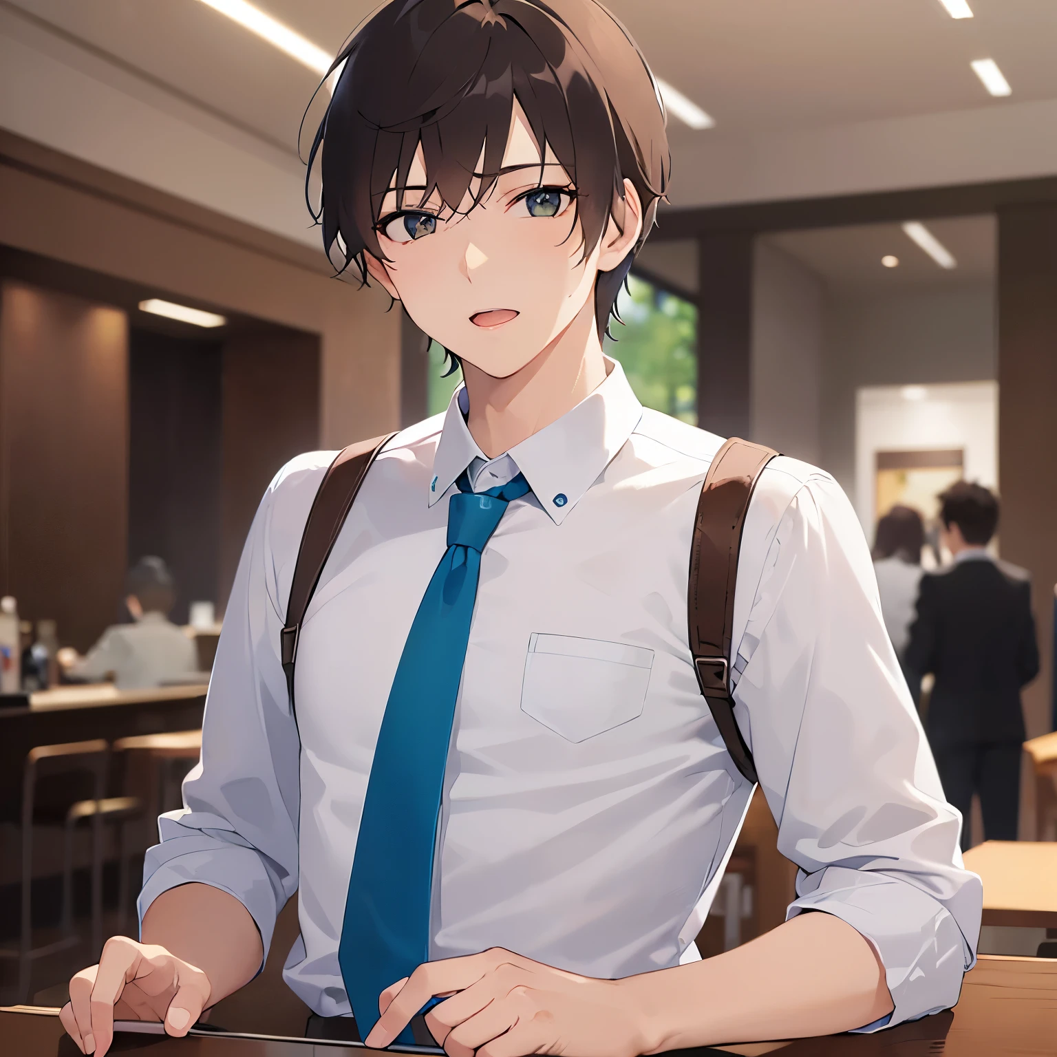 BREAK (25-year-old male:1.5) and (Mahogany brown short hair) and (Green Eyes) BREAK (white collared shirt) and (Blue tie)、(looking at viewer:1.5),Side shot masterpiece、Highest quality、 flabbergasted, The background is the office lobby.、(alone:1.5),open mouth