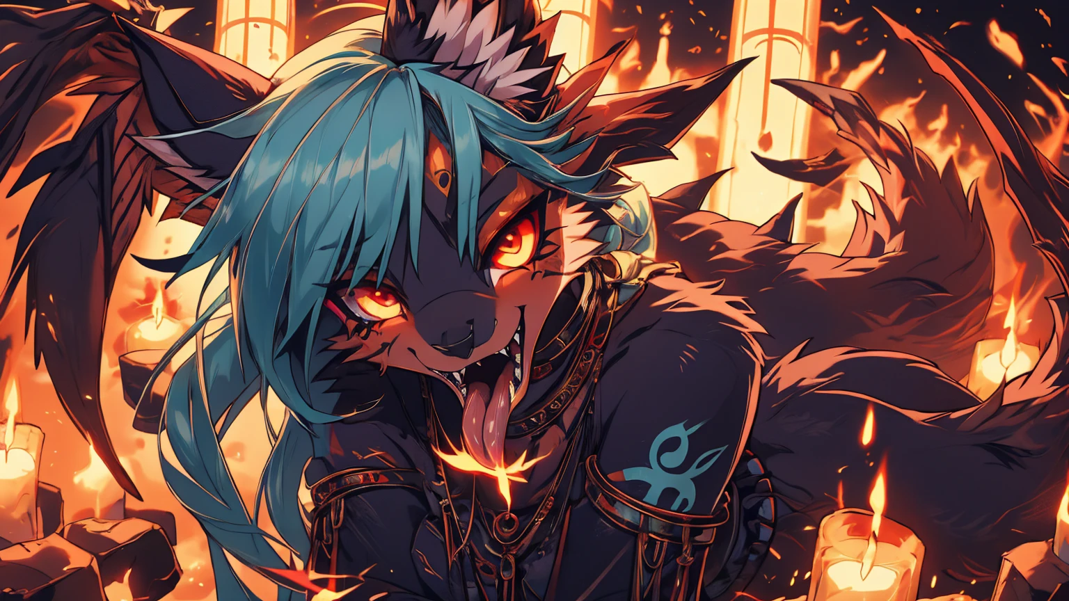 Miku Hatsune, add high definition_detail:1, blue fur,kitsune ears, tribal tattoo add_detail:1, in hell add_detail, diabolic girl, batwigns add_detail Ferocious fangs, sharp fangs, Demon yokai kitsune, long snake tongue add_detail:1. Dualidad hatsume miku add high definition_detail:1 , blue fur, slave dd kitsune, angelic girl, angel girl add_detail:1