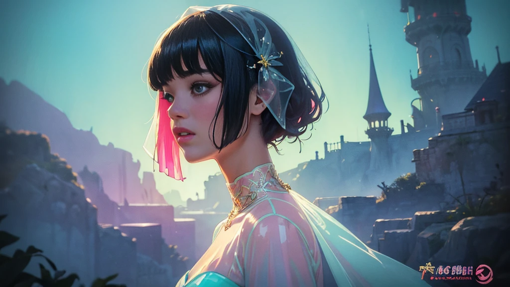 (Fluorescent color: 1.4), (translucent: 1.4), (Vintage filter: 1.4), (Fantasy: 1.4), Dream world, Chang'an ancient street、Soft and fluffy landscape、Cherry blossom petals、Pale pink sky、Green and blue sparkling lights、Soft and whimsical light、Rainbow Star、Sparkling Diamonds、Ancient background、Ultra-realistic、super high quality、Cinematic lighting、Full HD paintings with great detail、Bright lighting, Diagonal bangs,
Colorful Wedding Dresses, side
masterpiece, Highest quality, Real Skin, (Portraiture: 1.5), 1 Girl, Long bangs, short hair