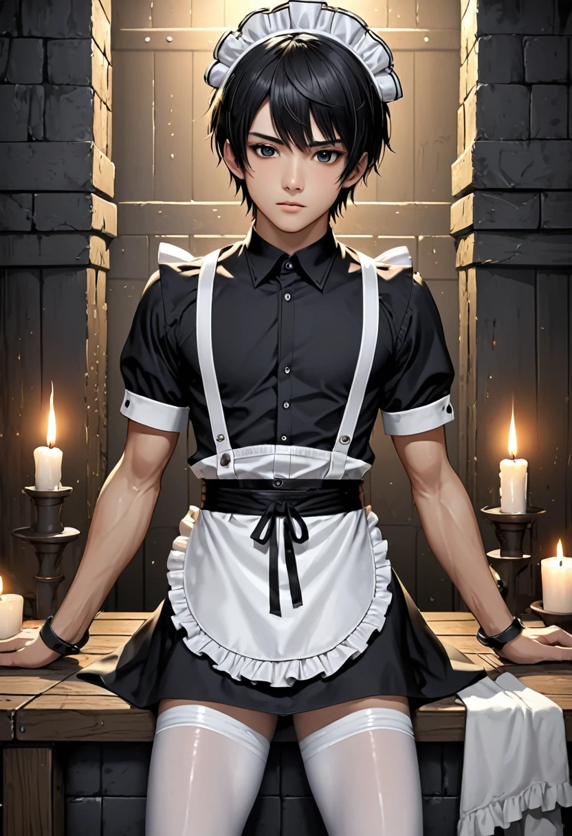 high quality, detailed, Realistic, (19 years old japanese idol maid boy), (detailed black eyes), (black short hair),  (abs), (shiny skin), dungeon, (apron), (head dress), (tiny thongs), (bulge:1.2), candle, (flat chest:1.2),