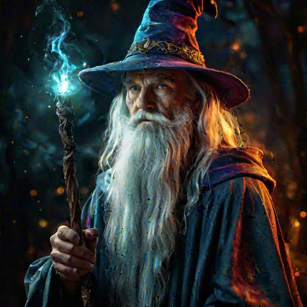 a wizard with a glowing staff and a glowing hat, colorful magic, dramatic atmosphere, sharp focus, highly detailed, cinematic, original composition, fine detail, intricate, elegant, creative, color spread, shiny, amazing, symmetry, illuminated, inspired, pretty, attractive, artistic, dynamic background, relaxed, professional, extremely inspirational, beautiful, determined, cute, adorable, best