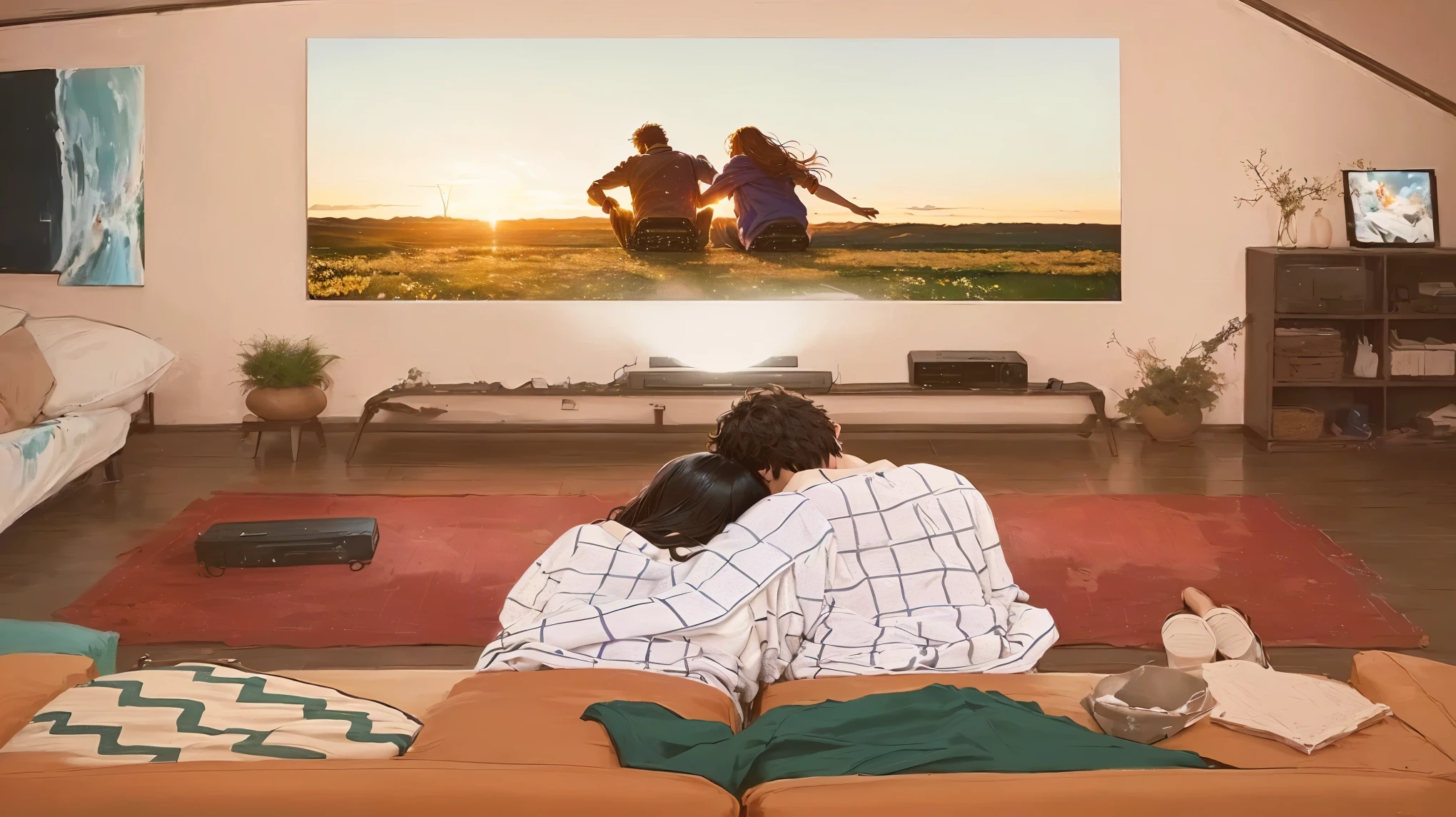 painting of a couple watching a movie on a big screen, expansive cinematic view, cinematic view!!!, really realistic, cinematic ， - h 7 6 8, extremely realistic, cinematic perspective, cinematic view, very realistic, spectacular cinematic scene, warm beautiful scene, cinematic movie image, watching the sun set. anime, very very realistic, indoor scene, realistic picture