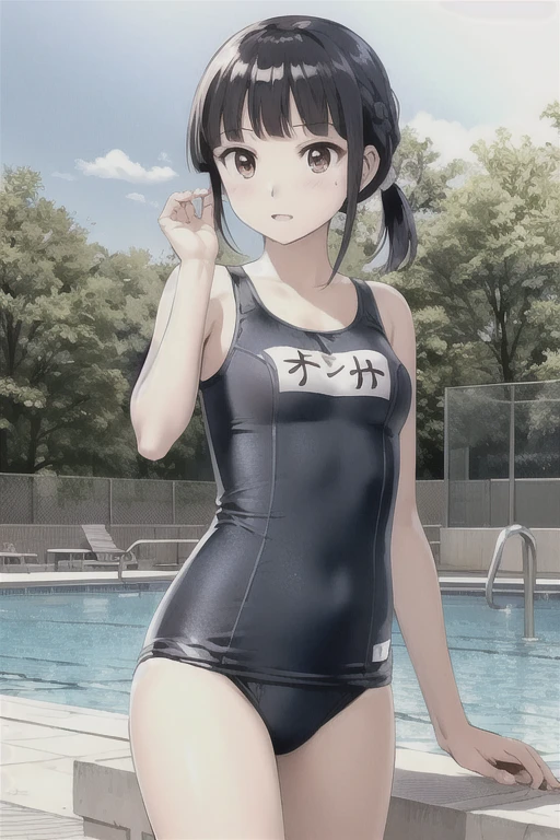 View your viewers,
Black Hair,(Tied Hair,Blunt bangs:1.2), Small breasts,
((School Swimsuit)), (Highest quality:1.3),One girl、Pool