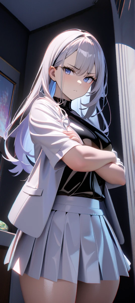 1 girl, ((Girl is curvy and slim, attractive and tall)), ((Girl has long silver hair)), ((purple and blue eyes)), ((Girl wears a black latex shirt, white jacket, short white pleated skirt, black stocking)), ((Girl is in the bedroom)), ((Girl is looking at viewer, serious, crossing arms)), 8k, ray tracing, night, zooming out