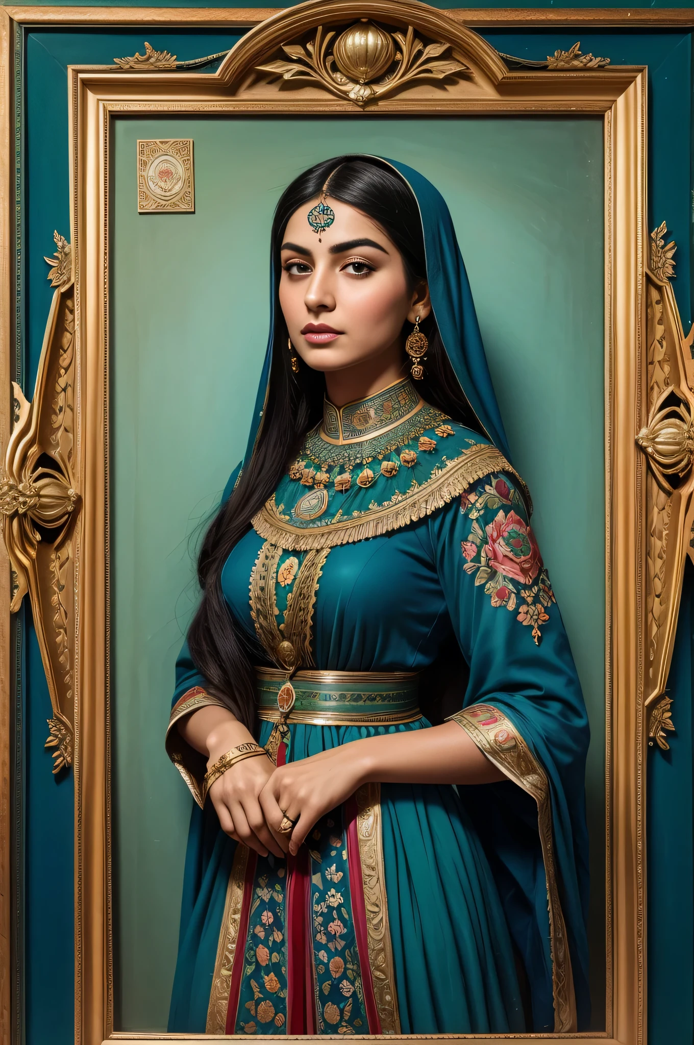 Persian woman from the Qajar period , in blue-green traditional clothes , the background contains a painting of a nightingale among pink flowers and peonies, floral frame , ((perfect rectangular frame))