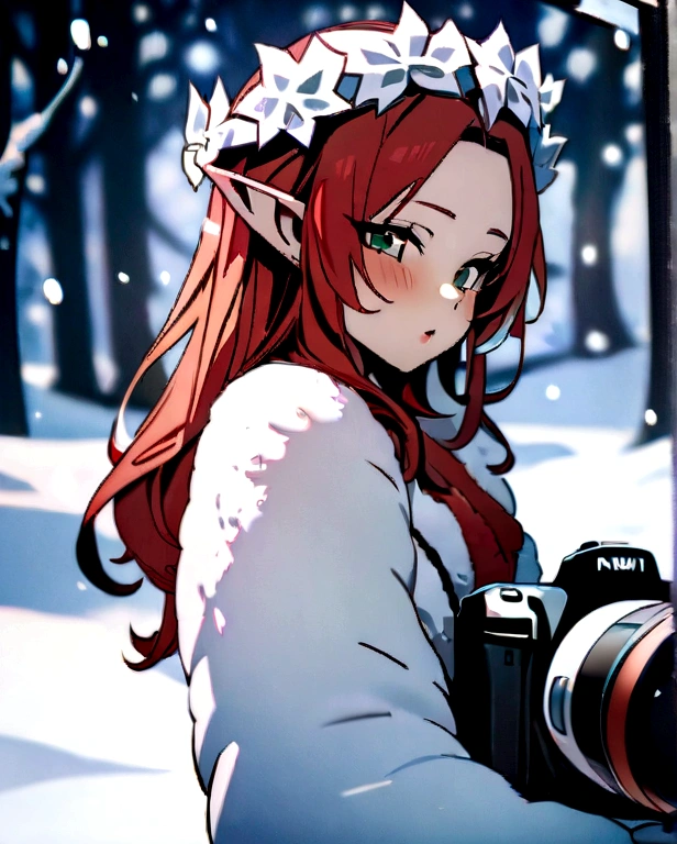 (Masterpiece, Best Quality), Snowy day, Half-body shot , Side shot, A 25-year-old elf, long wavy red hair, flower tiara, sultry flirtatious look, Body jewelry, little chest, The Goddess of Winter, White fluffy fur coat, in RAW format, 8K, Top Quality, Masterpiece, (See the camera: 1.3), photo, (Beautiful), Winter forest background during snowfall.