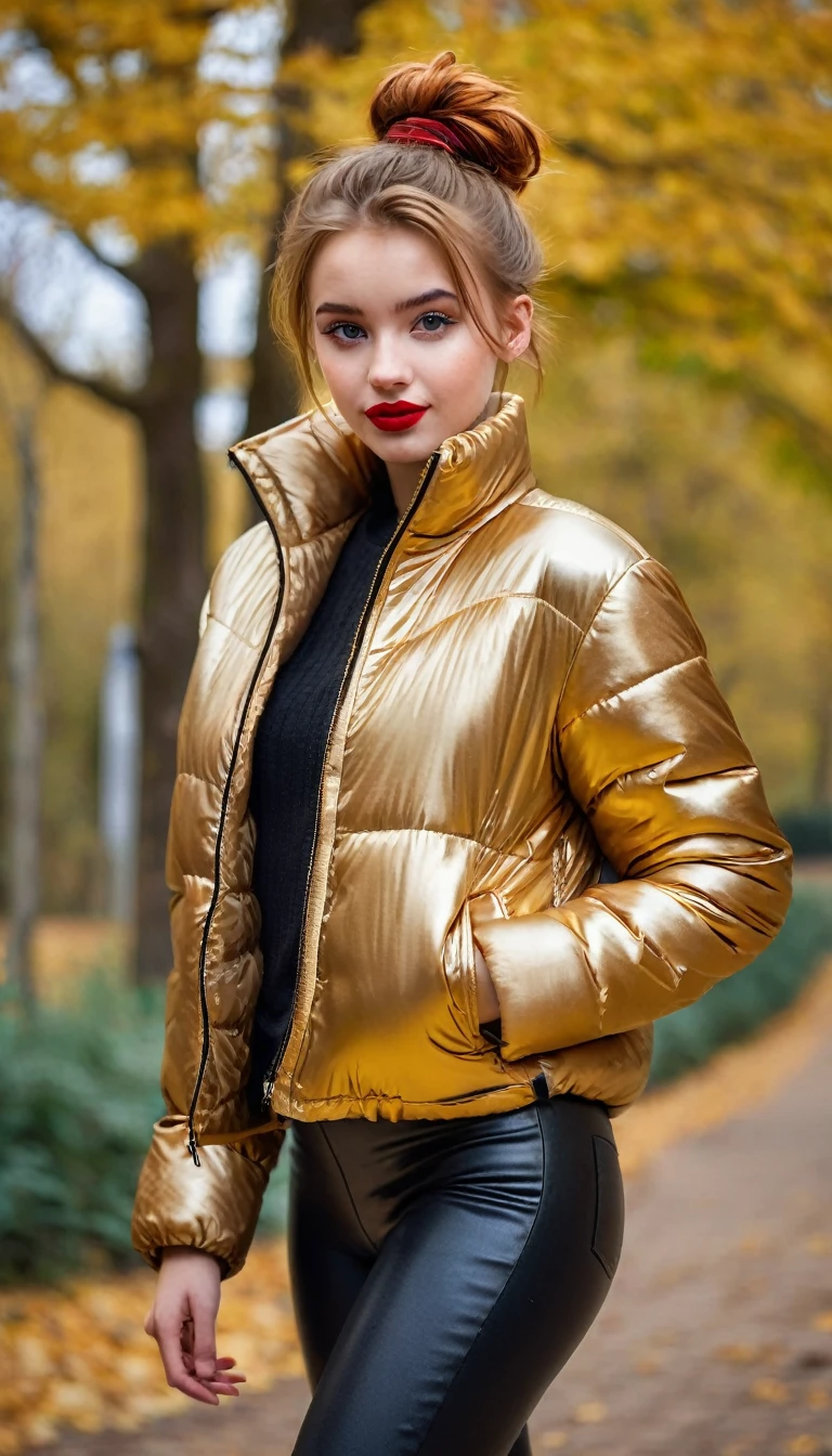 ultrarealistic high quality fullbody photo of a beautiful slim european girl with cute hyperdetailed shy face and natural redhead short messy bun and mischievous face, realistic round hazel eyes, red lips, dark eye makeup with eyeliner, wearing shiny gold puffer jacket and faux leather leggins, hourglass body, outdoor shooting