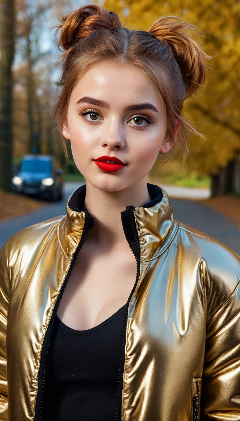 ultrarealistic high quality fullbody photo of a beautiful slim european teen girl with cute hyperdetailed shy face and natural redhead short messy bun and mischievous face, realistic round hazel eyes, red lips, dark eye makeup with eyeliner, wearing shiny gold puffer jacket and faux leather leggins, hourglass body, outdoor shooting
