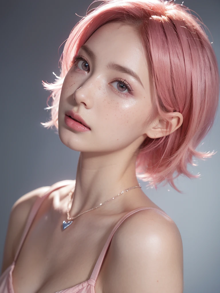 Background (hall), camara angle top-side, looking side ways,Cute girl short pink hair, red red red red red dress red dress,all her hair short pink , with a star clip in her pink hair, light colored eyes, pretty eyes, crying eyes, pretty, upturned nose, watery nose, Pretty lips, pink lips, heart and cupid shaped lip, pretty skin, pale, White skin, with moles and freckles all over his face, soft pink blush on the cheeks, natural pink blush, soft pink makeup, Jennie, nice neck, marked collar, frown, tender look, with a kiss necklace, while having a bare abdomen, Delgado, marked and pretty, (big breasts, soft breasts, nice breasts), , night look, city light, photorealism, 8k , photorealistic