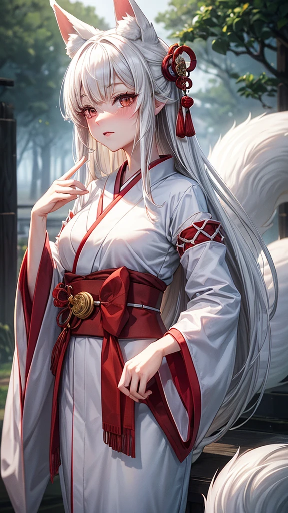 "A young woman, 20 years old, wearing a fantastical Japanese kimono with a predominantly white color. She has fox ears on her head, no human ears, and long white hair. Her eyes are a striking red, and she has a subtle red blush on her cheeks. From the hem of her kimono, a long fox tail gracefully extends. The scene is set in a misty, magical background with a cinematic feel, high-definition, as if enveloped in a dreamlike fog."