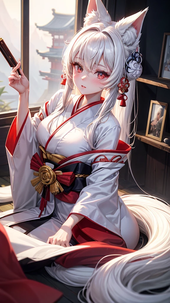 "A young woman, 20 years old, wearing a fantastical Japanese kimono with a predominantly white color. She has fox ears on her head, no human ears, and long white hair. Her eyes are a striking red, and she has a subtle red blush on her cheeks. From the hem of her kimono, a long fox tail gracefully extends. The scene is set in a misty, magical background with a cinematic feel, high-definition, as if enveloped in a dreamlike fog."