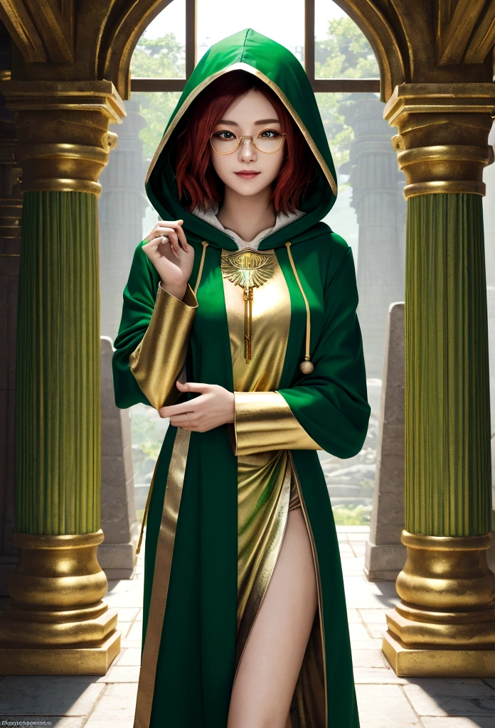 (masterpiece, top quality, Best quality, official art, beautiful and aesthetically pleasing:1.2),whole body, 1 smiling girl, A priestess, short red hair, green eyes, wire frame glasses, , split, (green revealing robe, gold trim), (Green hood:1.2), extremely detailed, Colorful, perfect face, upper body, HDR, (Light Stripes), stunning visual effects, bright colors, temple background. Photorealism. Unreal engine. 3d model. Ultra high quality textures