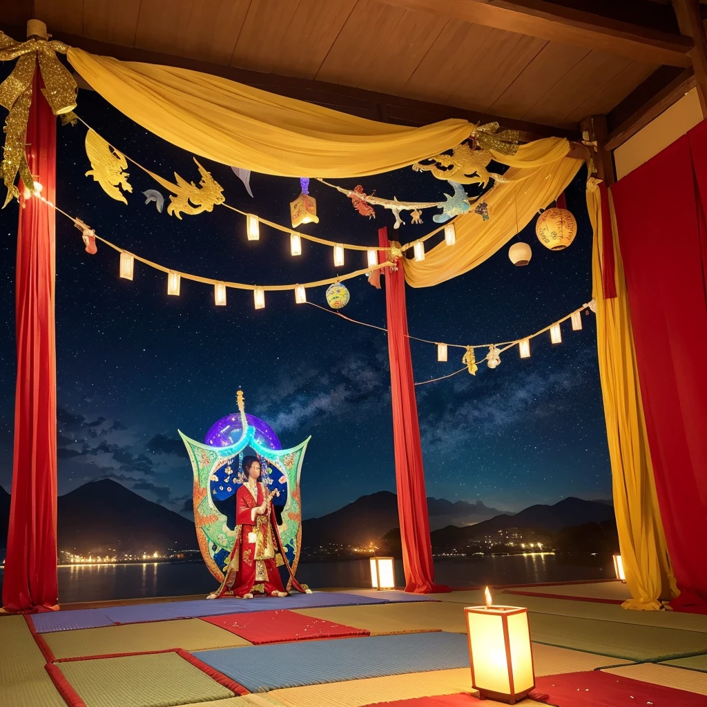 Create an image of a dragon god celebrating Tanabata with Japanese Tanabata decorations on both sides of the screen.