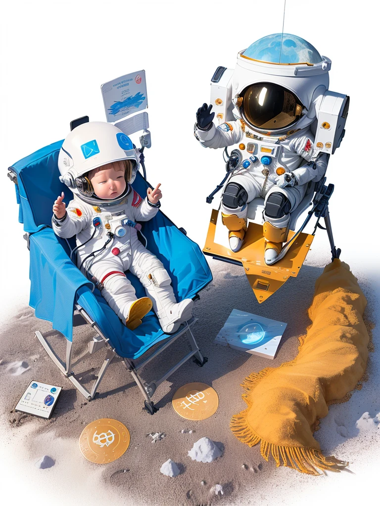 there is a baby sitting in a chair next to a robot, on the moon, 🚀🚀🚀, to the moon, on moon, moon mission, cryptocurrency, sitting on a moon, moon landing, small astronaut looking up, astronaut on the moon, cute astronaut sticker art, small astronauts, landing on the moon, on the surface of the moon, an astronaut relaxing in space
