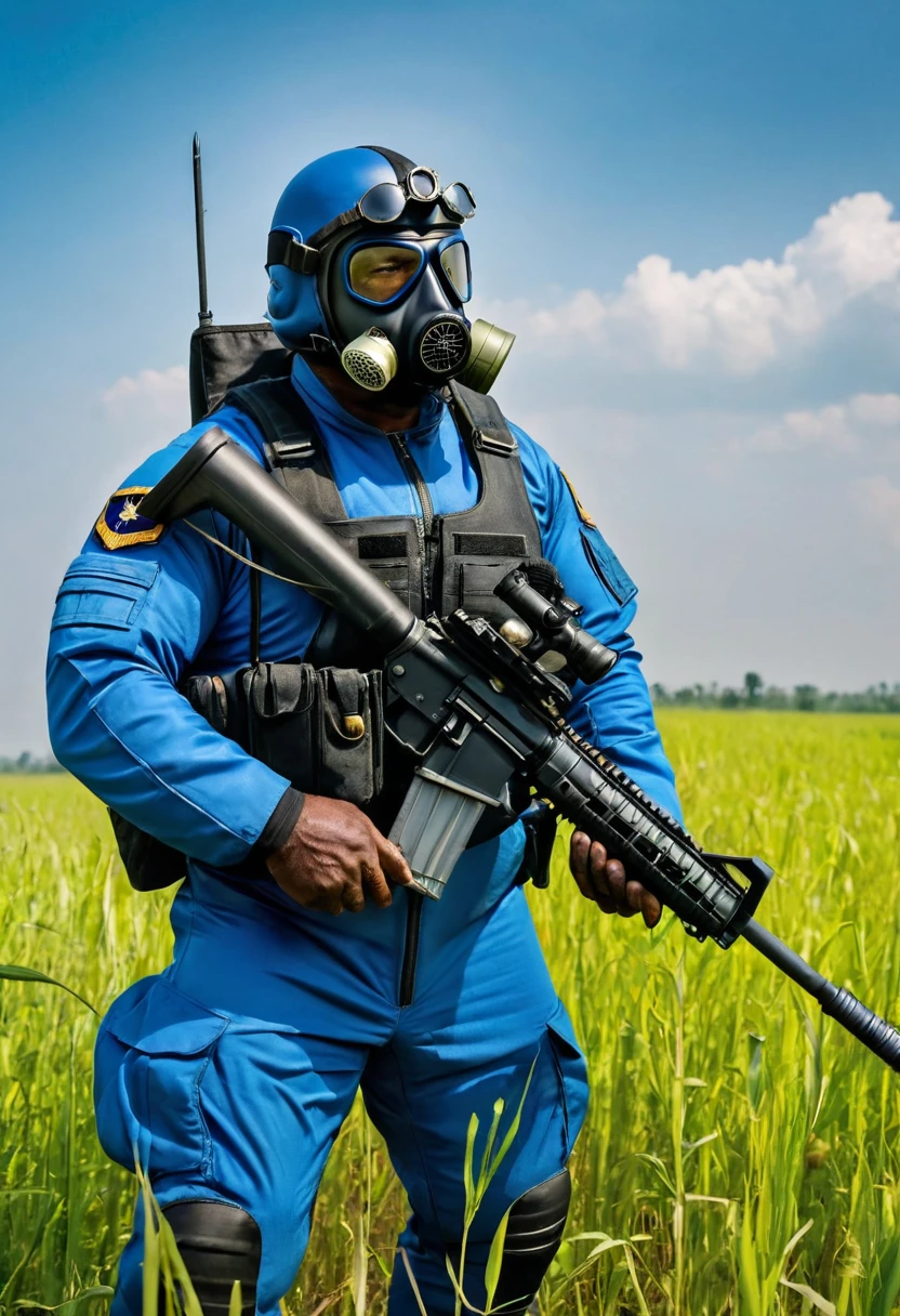 (a dark-skinned bearded fat old man in a blue pilot suit) patrolling in a field with sniper rifle and (wearing black air force pilot helmet and gas mask), muscular physique, Don Arday, sumatraism, action, a character portrait, heroic, fierce, intense, 