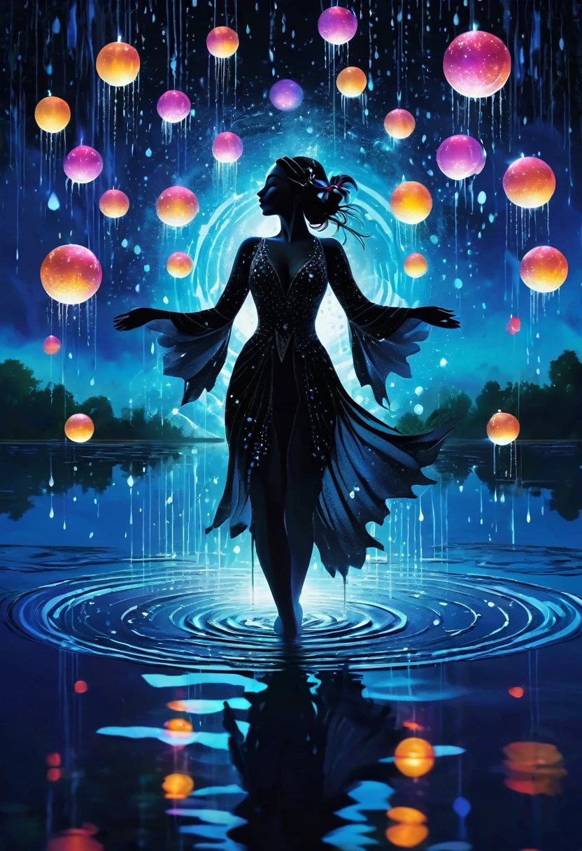 rainstorm，Rain splash，In the middle of the lake, Mysterious female black silhouette in the middle of the night, Surrounded by glowing spheres, Summoners dance to appease the spirits of the dead. Ceremonial canvas clothing. Sensual. Multiple magic arrays. Dynamic dance. Water Lily. Colorful palette.