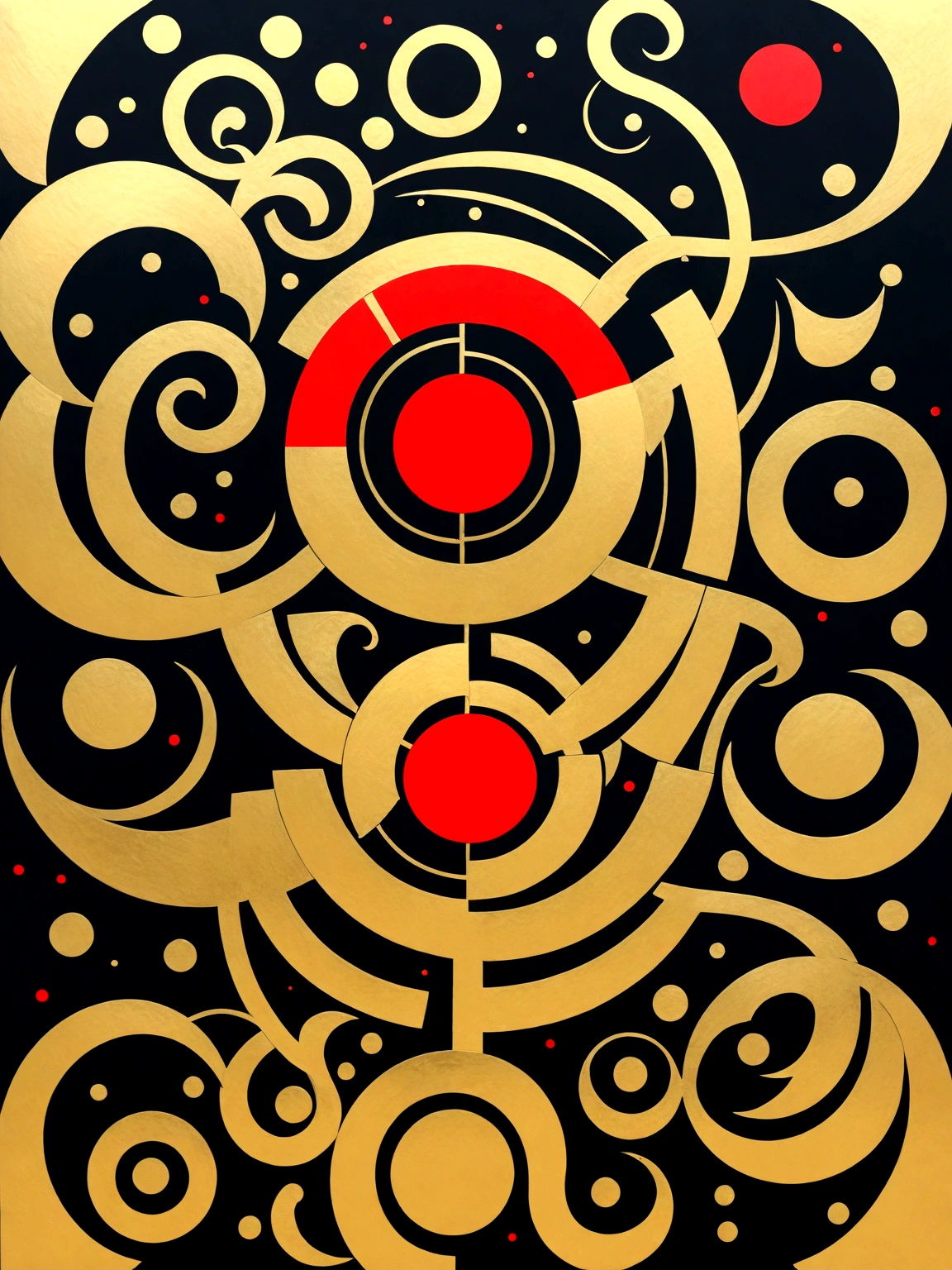"A design of KUG, depicted as a symbol of gold, created as a black and white sticker with red accent elements on a white background. The symbol is shown with intricate details, highlighting its form and significance. Traditional Mesopotamian patterns and cuneiform inscriptions are integrated into the design, emphasizing its role in attracting wealth and prosperity. The background includes elements such as stylized geometric shapes and abstract motifs, adding depth and context to the design. The overall composition is in black and white, with deep blacks and bold contrasts, while red accents highlight key elements such as the cuneiform symbols and specific parts of the gold symbol. The layout follows the golden ratio, ensuring a balanced and harmonious depiction of the wealth-attracting design, creating a bold and dynamic yet elegant sticker. Note: The term 'golden ratio' refers to the composition and does not imply the use of gold color on the sticker."