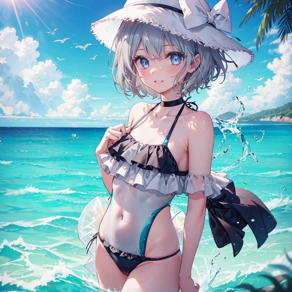 ((((Fluttering swimsuit Ocean)))) (((Gray Hair short hair blue eyes woman))),((Splash sun cloud)),(Wearing a hat black smile), Showing teeth Shining Background Shining Edges
