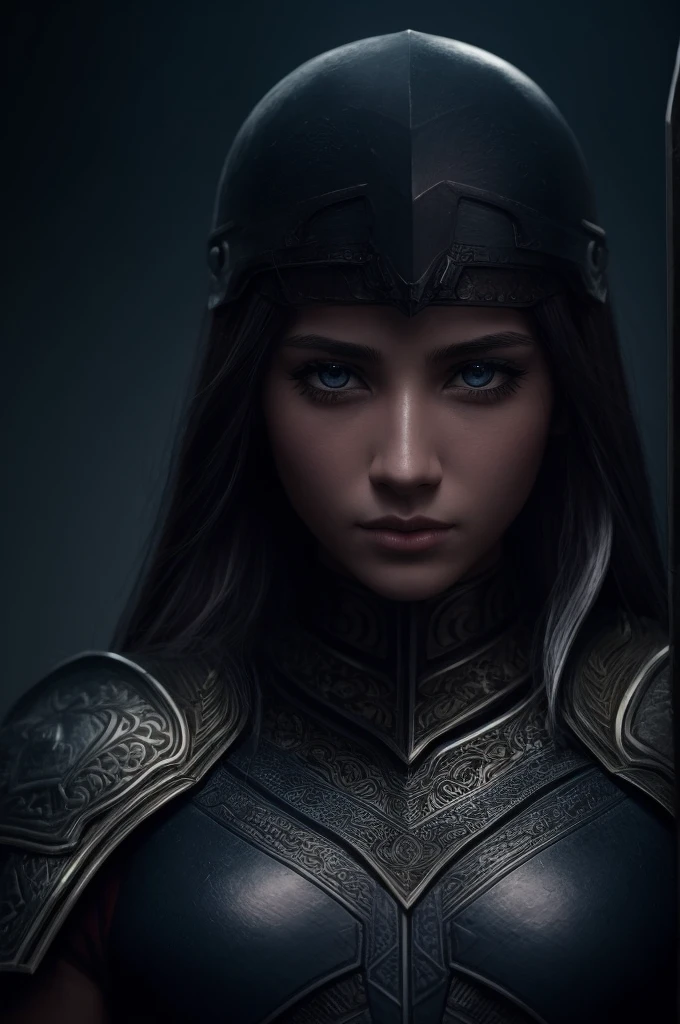 a female warrior, beautiful detailed eyes, beautiful detailed lips, extremely detailed eyes and face, long eyelashes, armor, sword, shield, determined expression, brave, strong, resilient, skilled, loyal, intelligent, unstoppable, compassionate, fantasy landscape, dramatic lighting, epic, cinematic, digital painting, highly detailed, 8k, photorealistic, vibrant colors, chiaroscuro