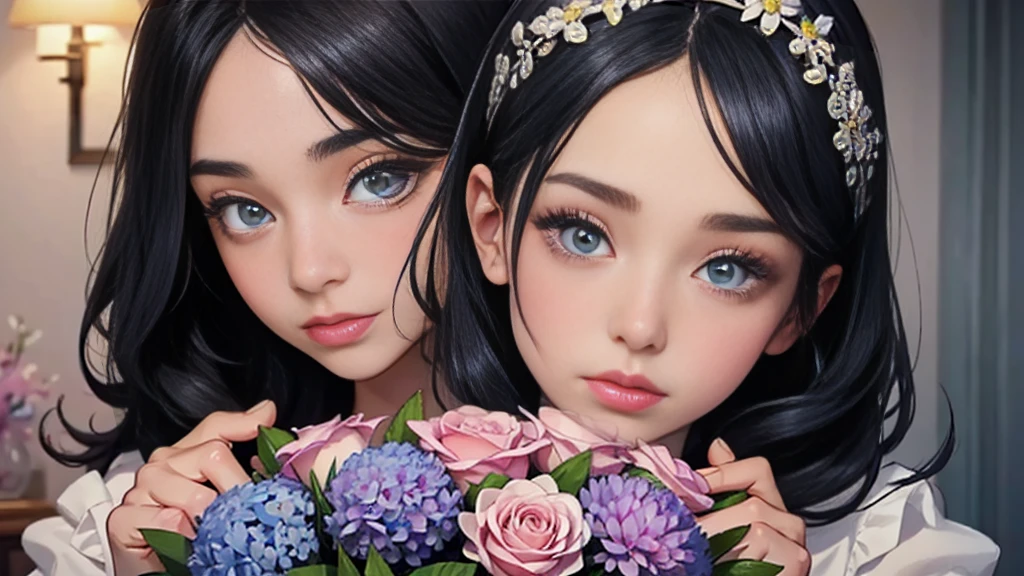 Woman and bouquet，She looked at me with such beautiful and kind eyes..Schneider Pastel Ink Details, Soft and wonderful, fluffy, (Very nice and beautiful), (Perfect detail)、(pastel colour),Soft texture:1.2.(Tabletop, Highest quality), (Beautiful, detailed eyes), (Detailed eyes and face),（Jet black silky hair), The colour is noticeably brighter.A faintly blurred silhouette