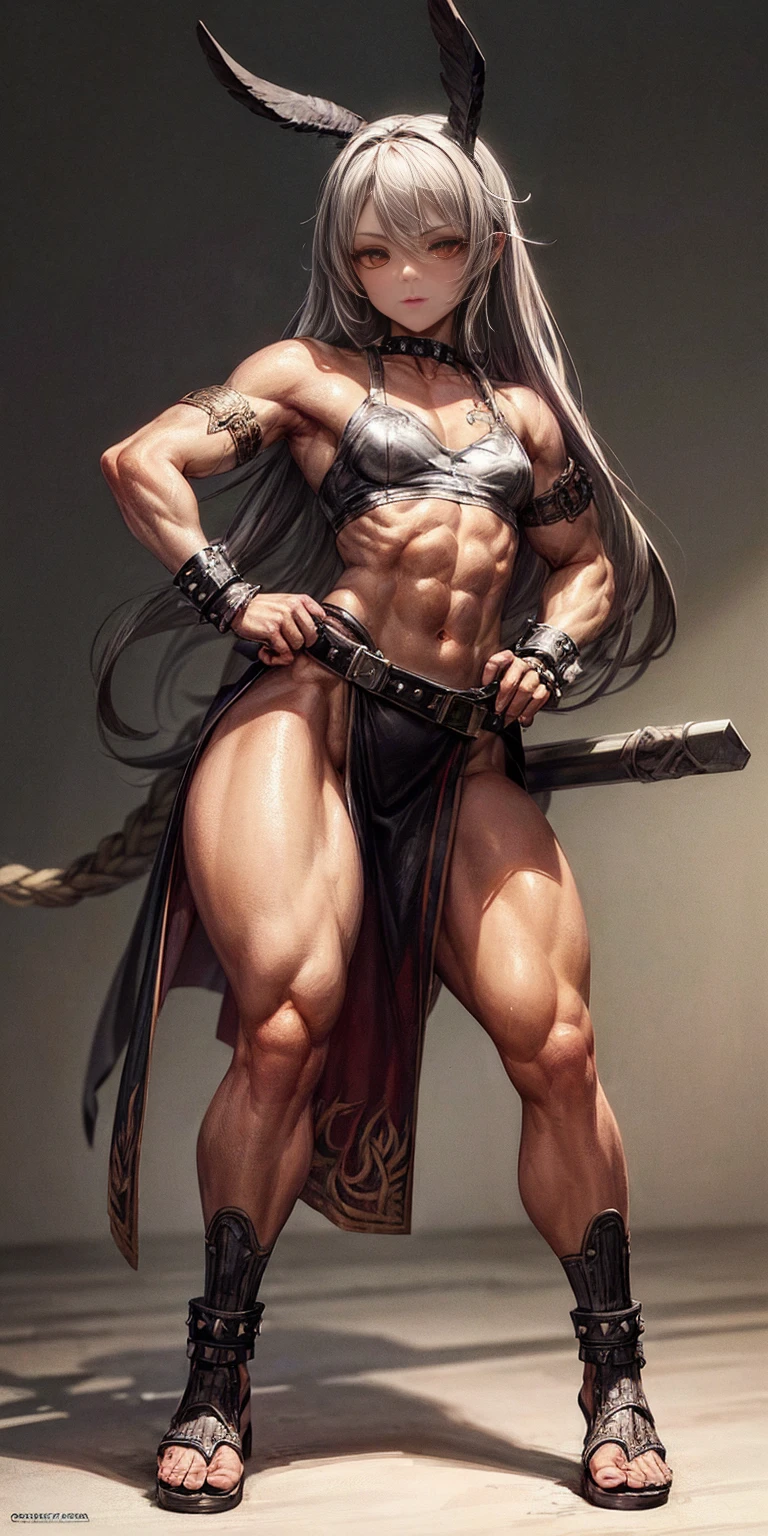 Subject: 1 Solo Female Gladiator Pose: Full body, whole body Standing tall, hands on hips (conveying confidence) Feet together, conveying a strong stance View from slightly below, emphasizing her power Clothing and Armor: Loincloth (detailed and well-crafted, showcasing her warrior status) Metal sandals, sturdy and battle-worn Leather choker, adorned with a gladiator emblem or small spikes (optional) Big belt, holding additional weapons or pouches (optional) Bracers on forearms, for protection Jewelry: Tiara (can be simple and battle-ready, or adorned with feathers or gladiator symbols) Additional Details: Strong, defined muscles Determined expression on her face Optional: scars or other battle marks that tell a story of her victories